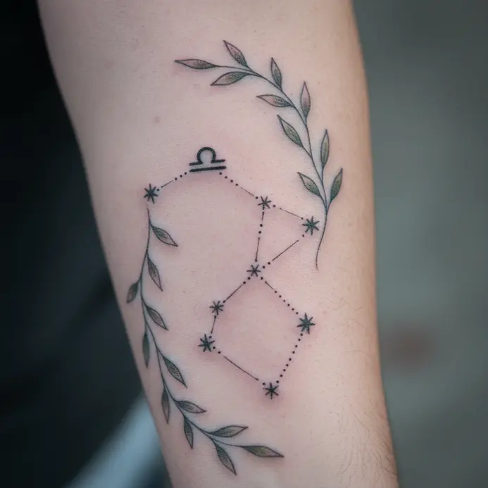 Fine line stars of the Libra constellation are integrated into a winding stem of lavender and ivy leaves.