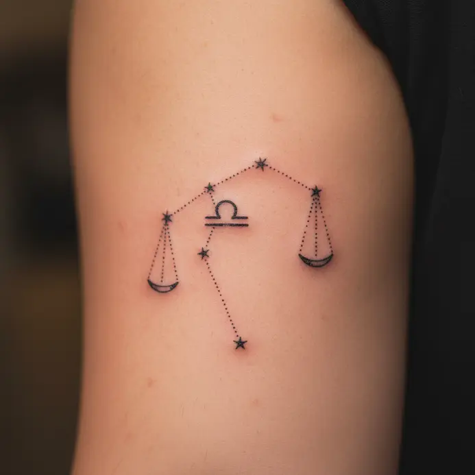 An extremely fine and tiny Libra constellation tattooed with a single needle on the inner bicep.