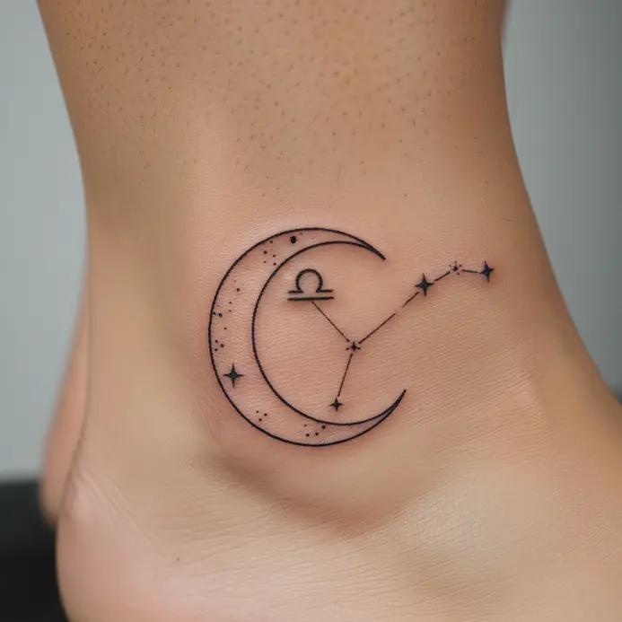 A thin crescent moon cradles the V-shaped Libra star pattern along its curve on the ankle.