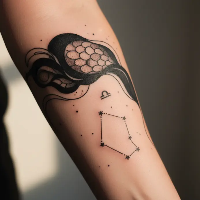Flowing, continuous black lines that abstractly suggest both the Libra scales and a starry constellation.