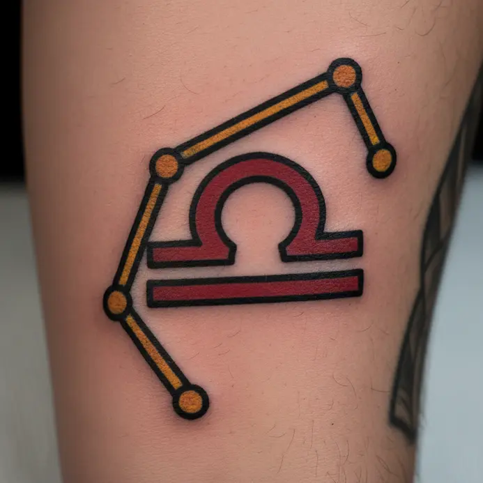 A bold, ornate Libra scale symbol with thick black outlines, classic color palette, and a constellation dot in the background.