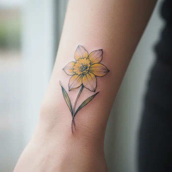 A delicate, fine-line daffodil tattoo sketched on a person's inner wrist.