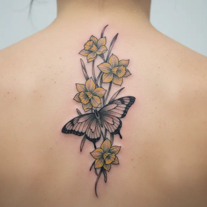 A floral tattoo featuring a daffodil and a butterfly, artfully contoured to follow the spine's curve.