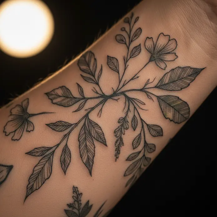 A detailed black ink tattoo of a daffodil with accurate botanical structure on a forearm.