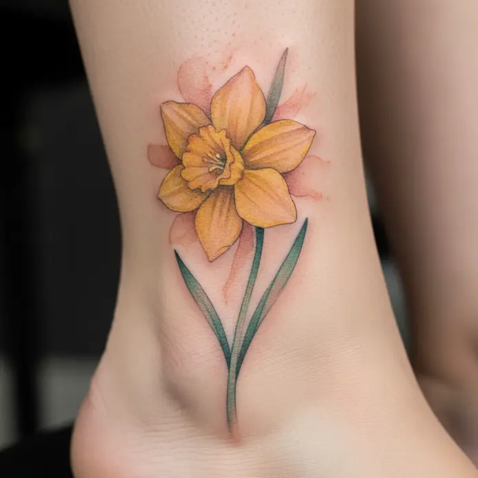 A daffodil tattoo rendered in soft watercolor style with yellow and green hues on an ankle.