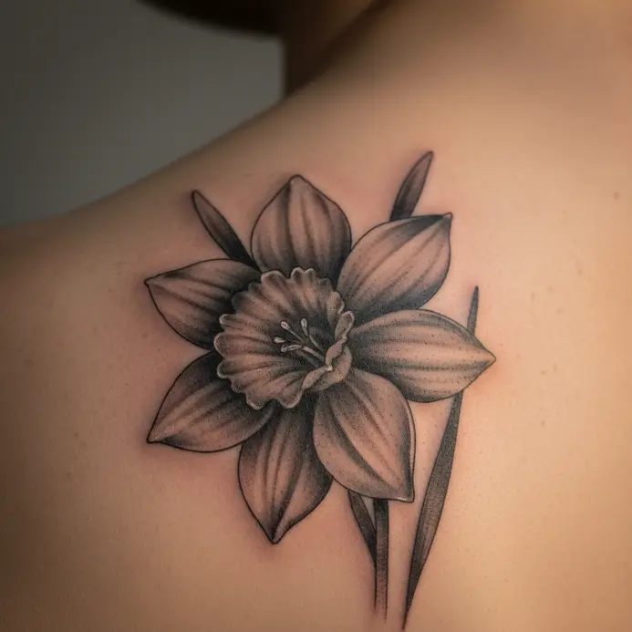 A highly realistic daffodil tattoo in black and grey shading placed on a person's shoulder.