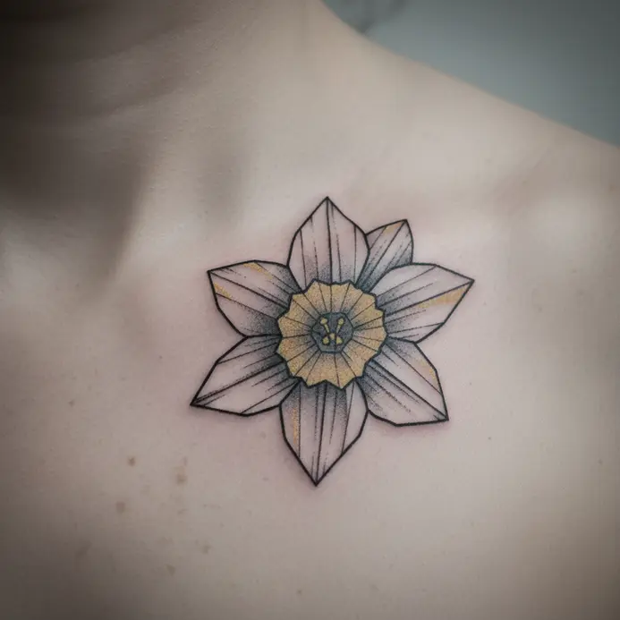An abstract, geometric line art tattoo of a daffodil contouring the collarbone.