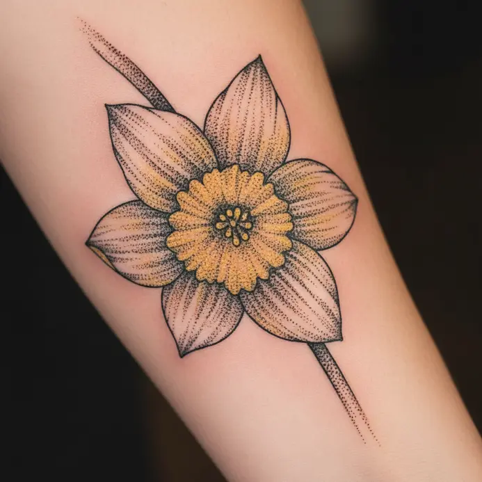 A daffodil and stem tattoo created using meticulous dotwork shading for texture and depth.