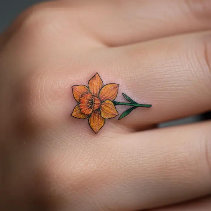A small, micro-realistic daffodil tattoo in full color on the side of a finger.