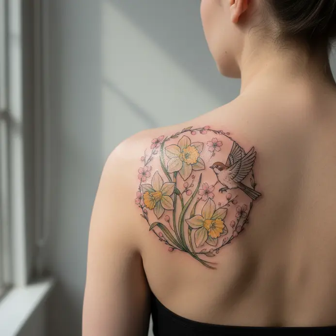A tattoo of a daffodil bouquet accompanied by script text, placed along the ribcage.