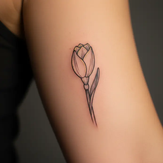 A minimalist tattoo depicting a single, unopened daffodil bud on the inner bicep.