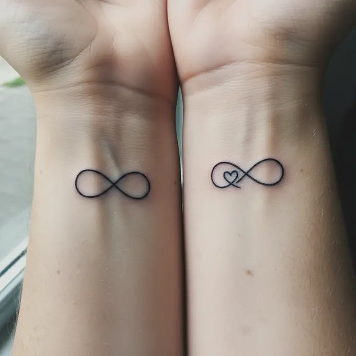 A minimalist black ink infinity symbol tattooed in a fine line style on the inside of a wrist.