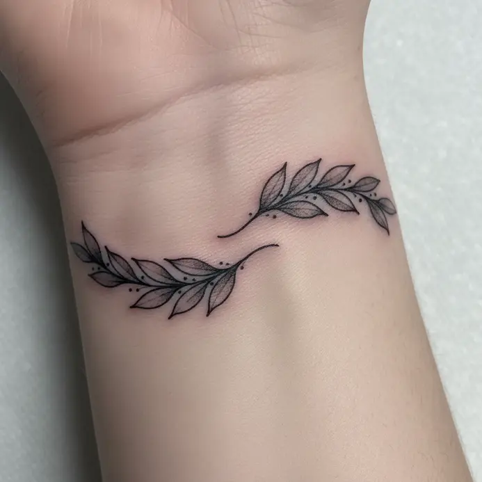 A fine-line black ink tattoo of a stylized laurel leaf wreath wrapped around the circumference of a wrist.