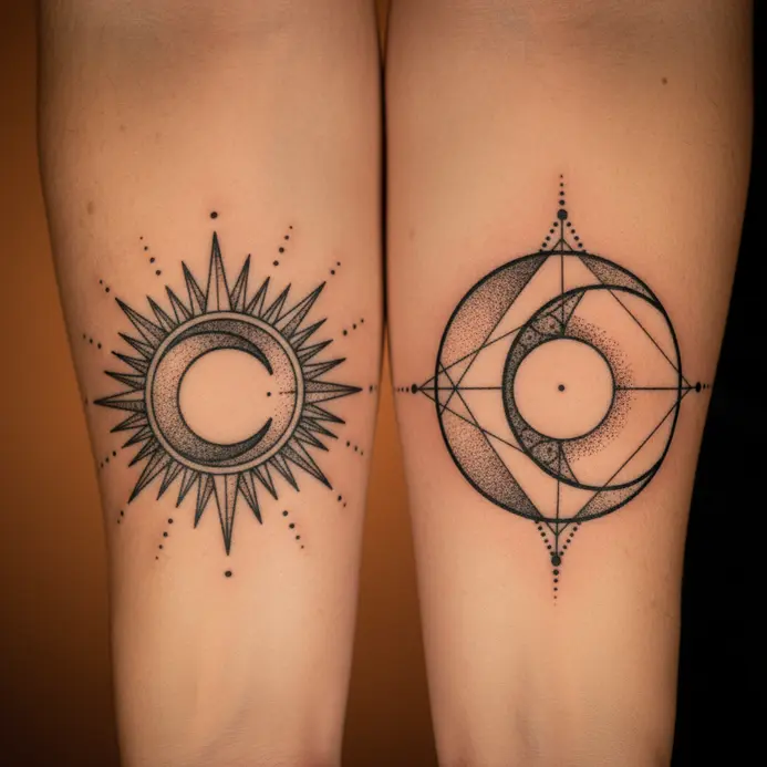 A pair of stylized, geometric sun and moon tattoos in black ink placed on opposite forearms.