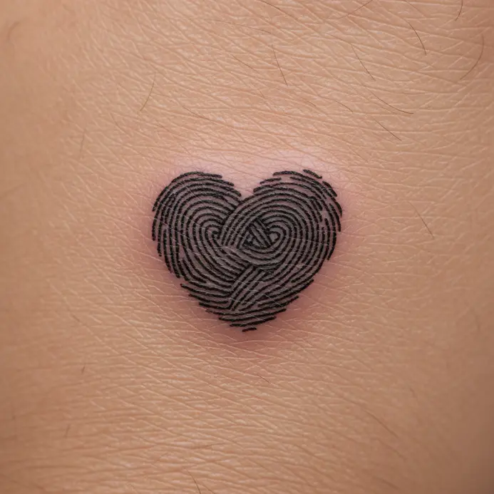 A tiny black ink tattoo on a finger depicting a heart shape created from two swirling, fingerprint-like lines.
