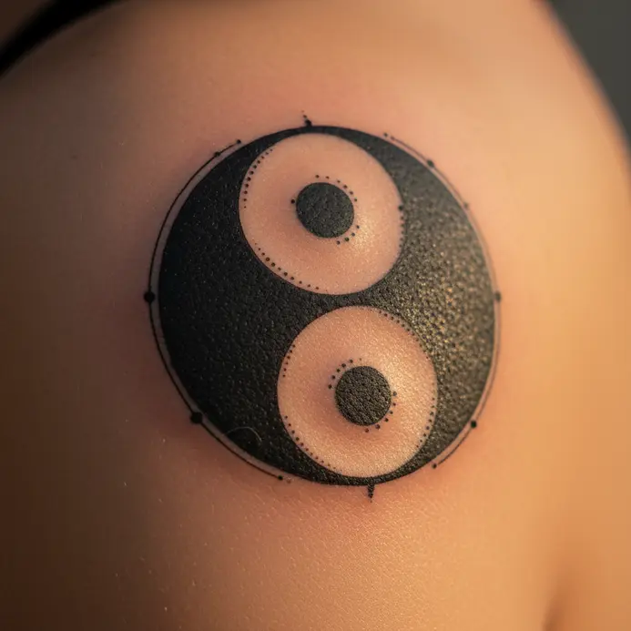 A contemporary black and white yin and yang symbol tattoo with clean lines, placed on the curve of a shoulder.