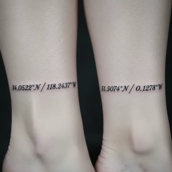 A line of delicate script font tattooed in black ink around an ankle, spelling out a set of map coordinates.