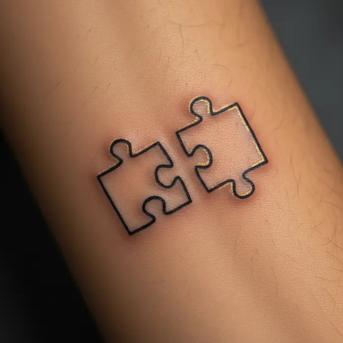 Two simple, outlined puzzle piece tattoos in black ink placed on wrists, showing how the pieces connect when held together.
