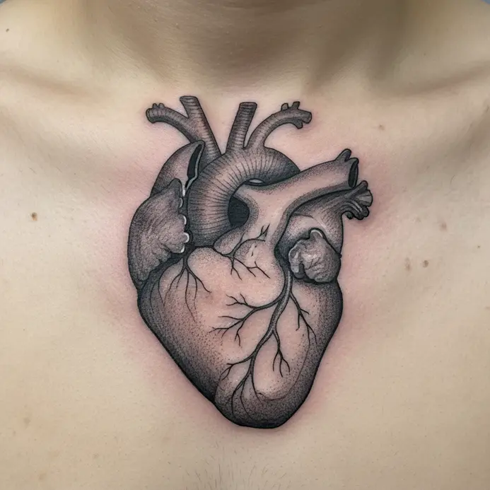 A realistic, shaded tattoo depicting one half of an anatomical human heart in black and grey ink, placed near the chest.
