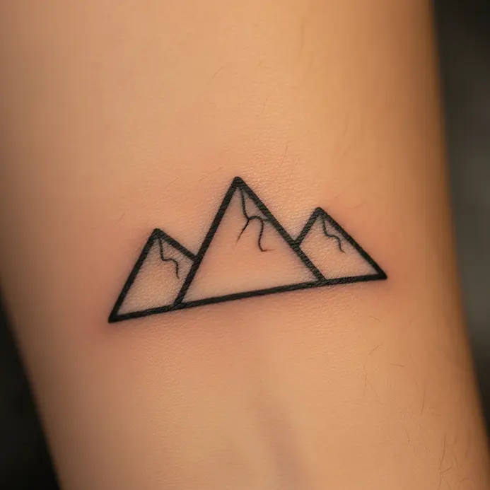 A simple black line tattoo of a mountain range silhouette running along the inner forearm.