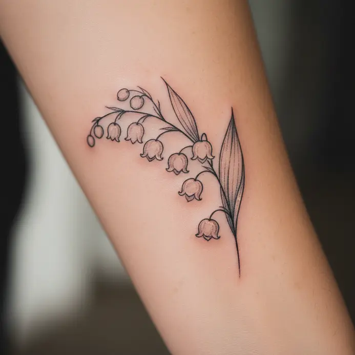 A single, delicate line drawing of a lily of the valley sprig trailing down a forearm.