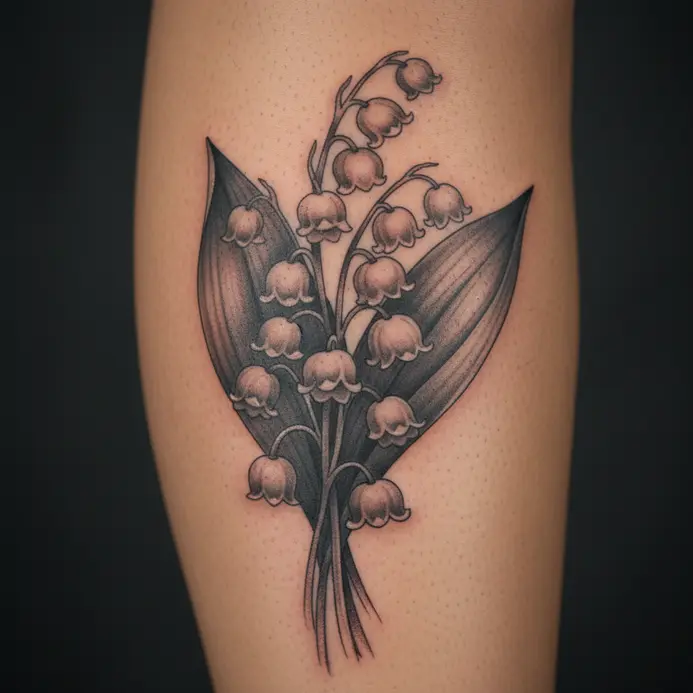 A photorealistic, softly shaded illustration of lily of the valley blooms wraps around a calf muscle.