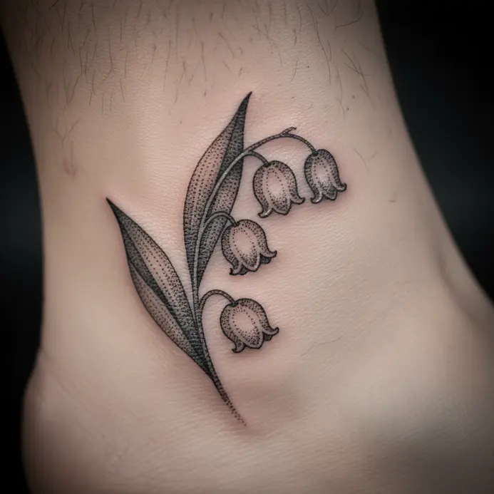 A small cluster of lily of the valley bells rendered with meticulous dotwork shading on an ankle bone.