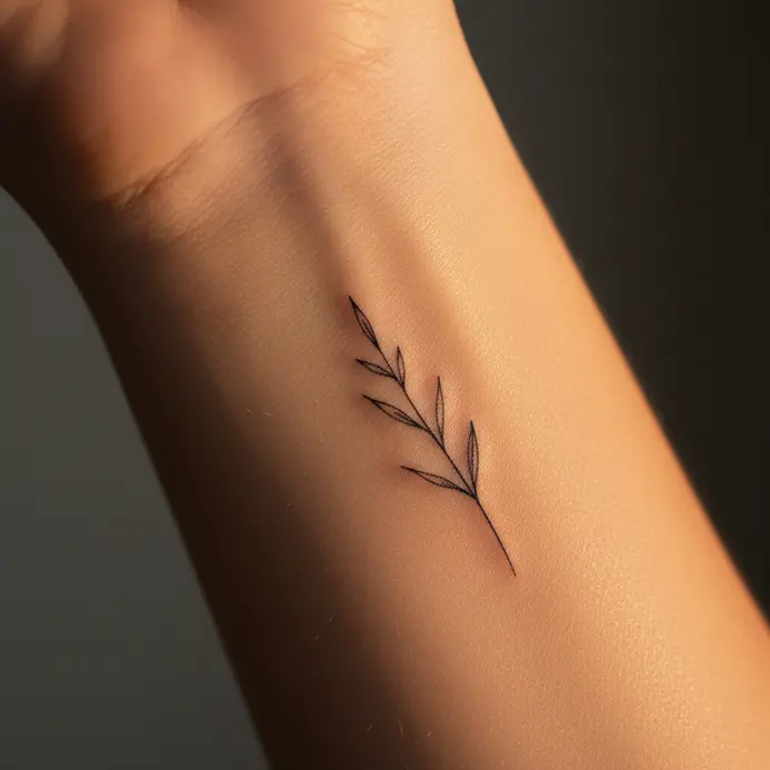 An ultra-fine, single-needle outline of a simple lily of the valley stem wraps around a wrist.