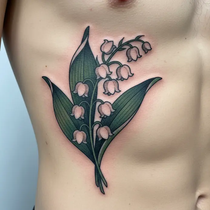 A bold, neo-traditional style lily of the valley bouquet with rich black lines and limited color palette on the ribs.