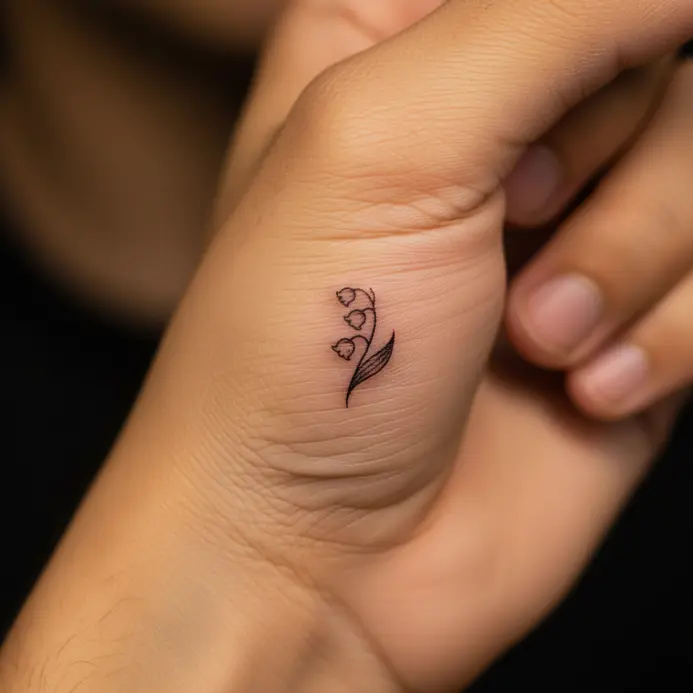 A minuscule, simplified silhouette of a lily of the valley bell sits on the side of a finger.
