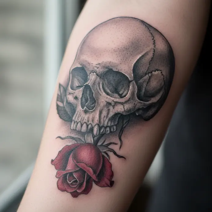 A detailed, shaded human skull next to a wilting rose with soft petals.