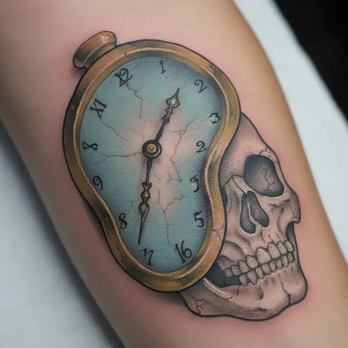 A surreal image of a soft, dripping clock draped across a bony forehead.