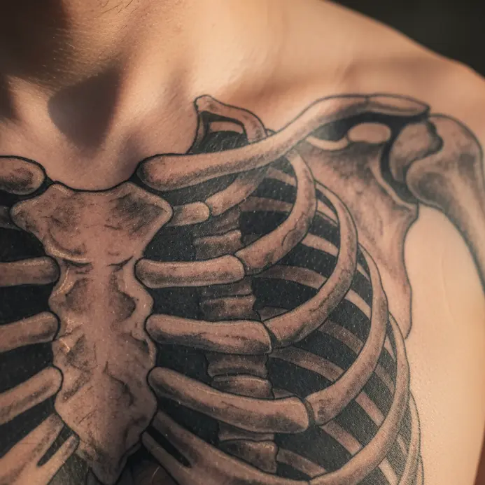 A highly detailed, shaded tattoo of a human ribcage and spine.