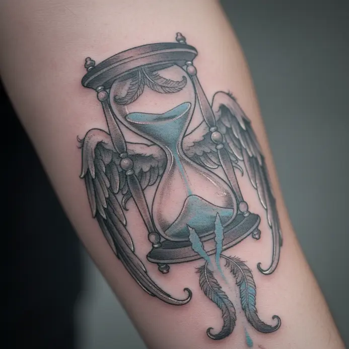 An hourglass with streams of sand that morph into feathery wings.