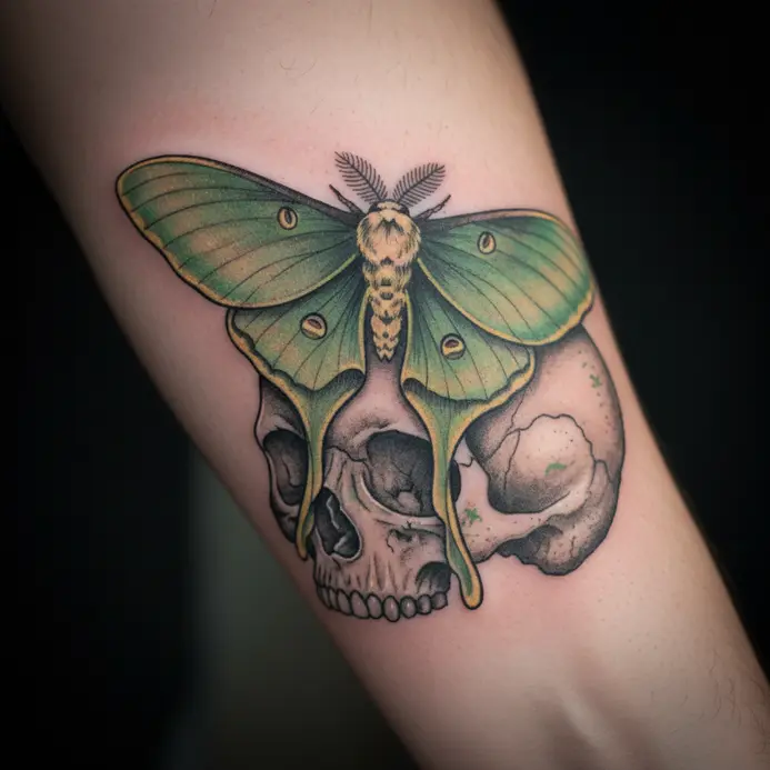 A detailed Luna moth with intricate wings resting on a human skull.