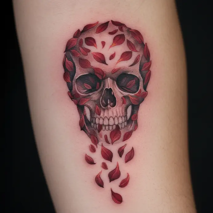A cascade of red rose petals that assemble into the silhouette of a skull.