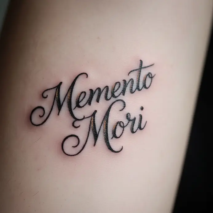 Elegant, flowing black calligraphy spelling out the words Memento Mori.