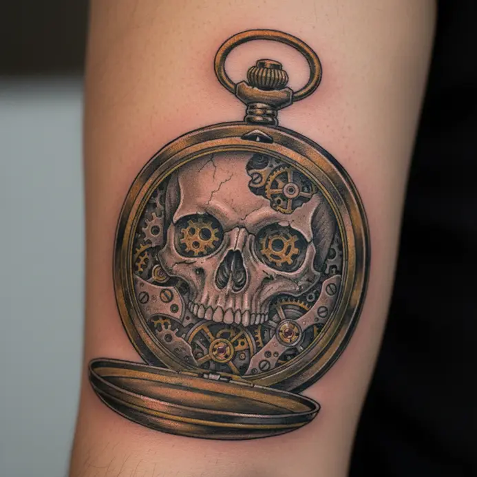 An open vintage pocket watch revealing a detailed skull face on its interior.