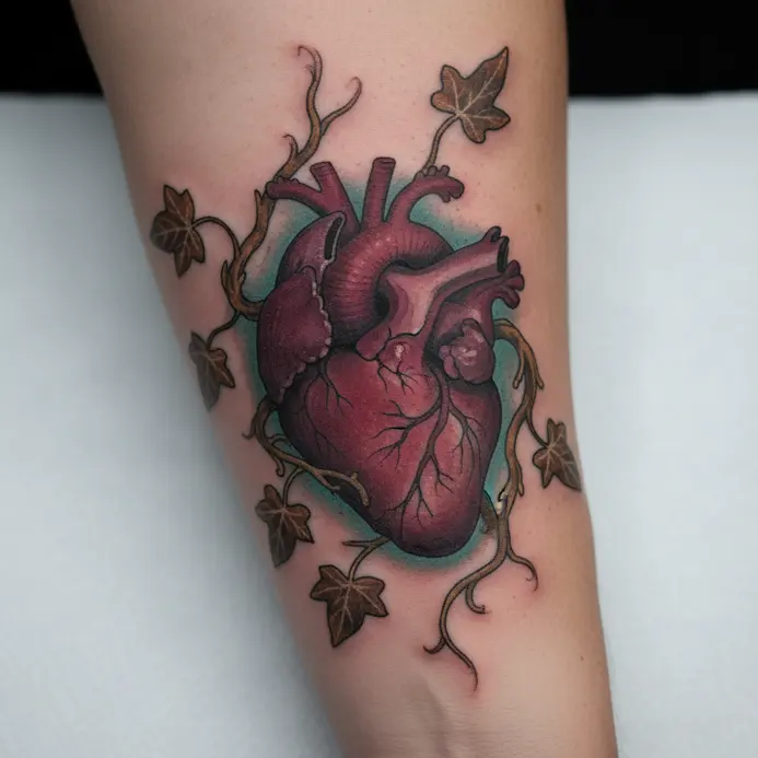 A realistic anatomical heart entwined with brown, crumbling vine tendrils.