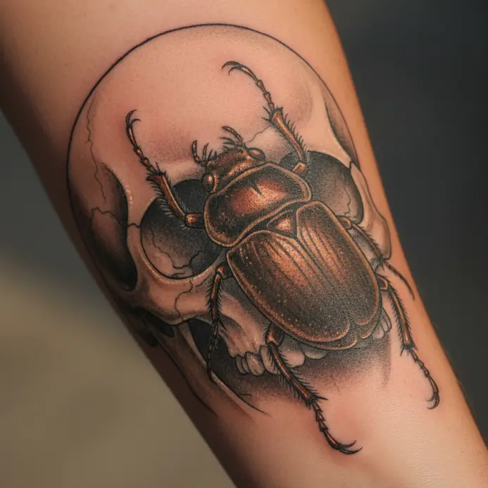 A detailed dung beetle crawling out of the hollow eye of a skull.