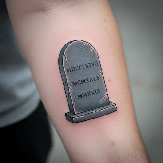 A classic upright tombstone etched with Roman numeral dates.