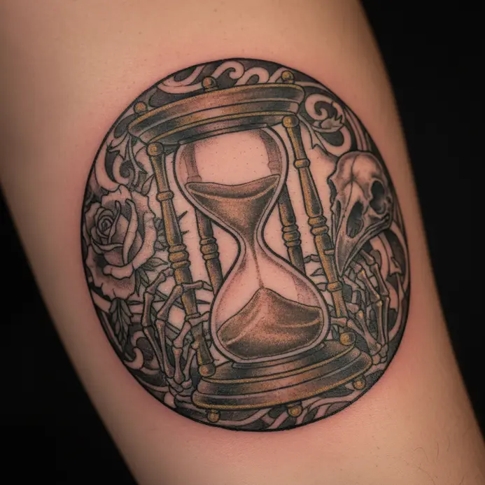An ornate, detailed hourglass with sand flowing through its center.