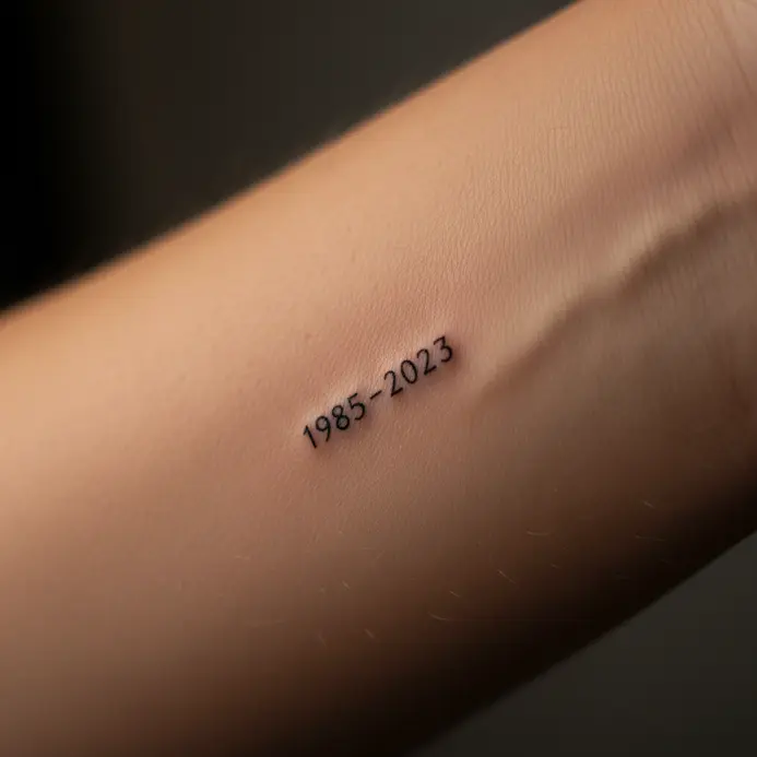 A minimal fine-line tattoo showing two numerical dates with a dash between them.