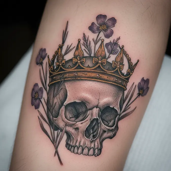 A human skull wearing a detailed crown, with dead flowers woven around its base.