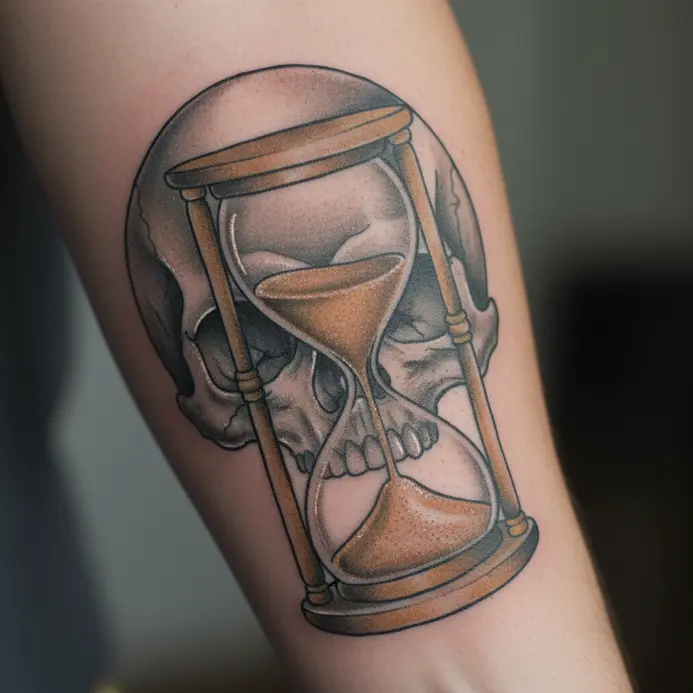 The top of a skull is open, revealing a full hourglass nestled within the bone.