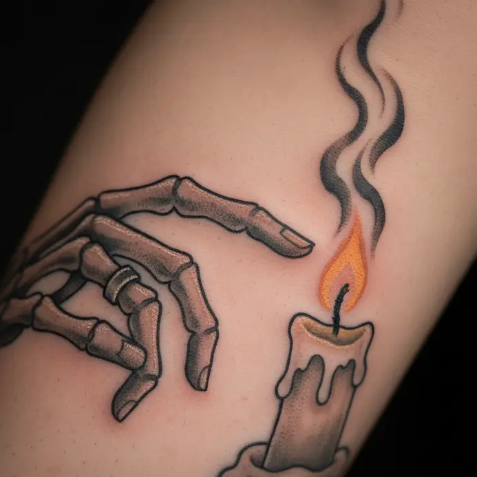 A single skeletal finger extends towards the weak flame of a nearly spent candle.