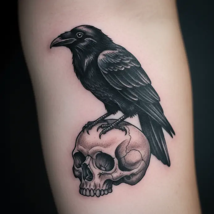 A stylized black raven with detailed feathers perched atop a human skull.