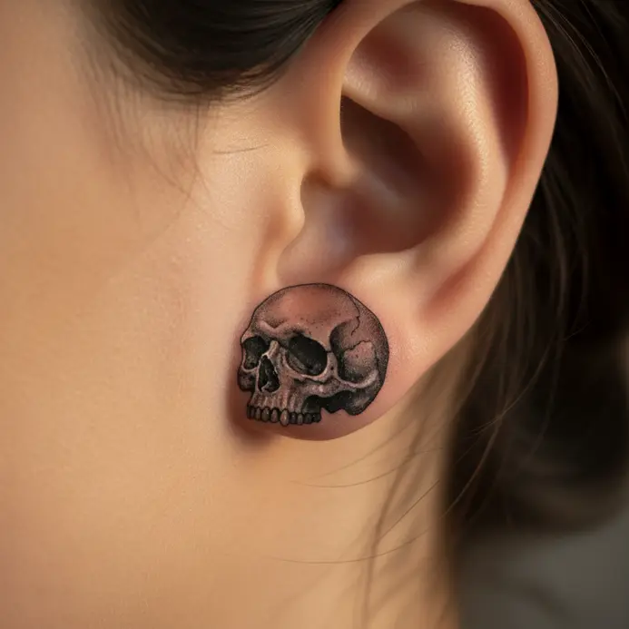 A minuscule, intricately shaded skull tattoo with fine detail.