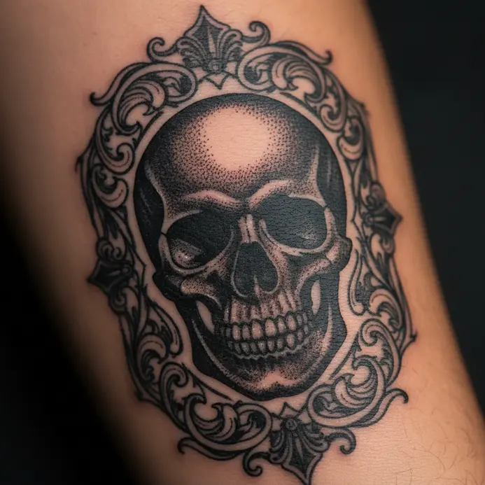 A solid black silhouette of a skull enclosed within an elaborate decorative border.