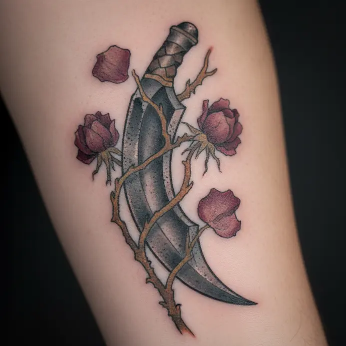 A curved scythe blade wrapped in the stems and dried blooms of dead roses.
